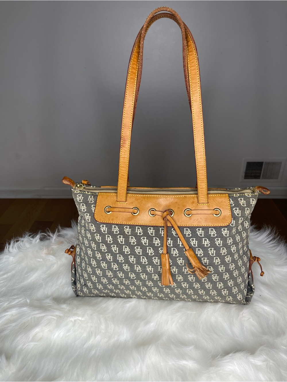 Dooney & Bourke Gray Monogram Tote with Tan Leather Trim